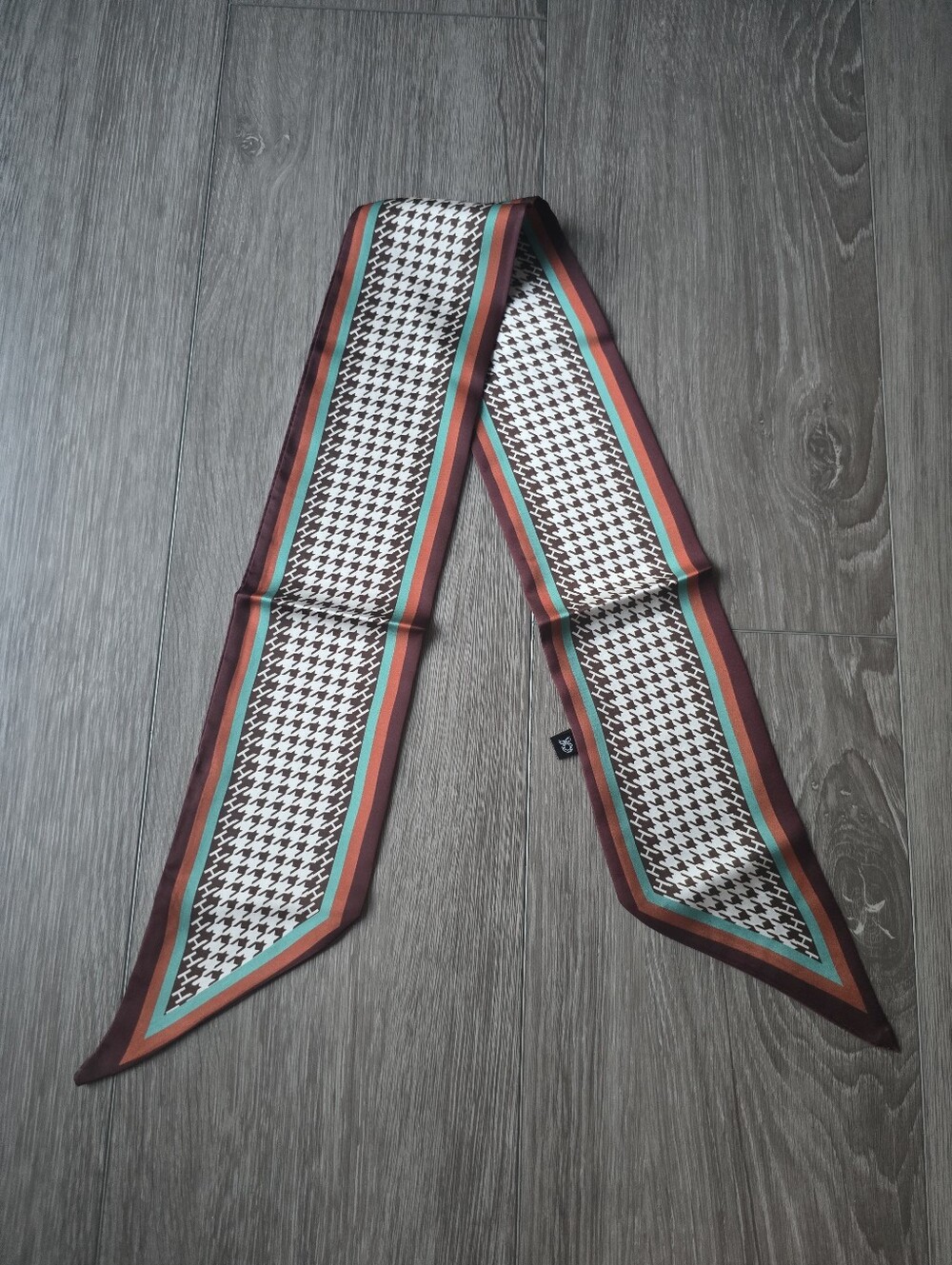 Skinny Silky Twilly Scarf Houndstooth Brown Teal Rust Neck Hair Bag Ribbon Wrap